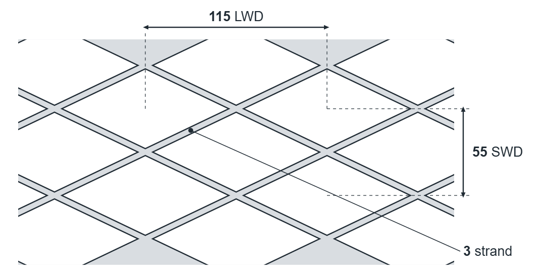 Expanded metal diamond: 115mm LWD, 55mm SWD, 3mm strand