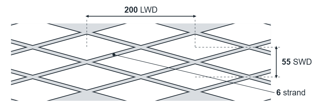 Expanded metal diamond: 200mm LWD, 55mm SWD, 6mm strand