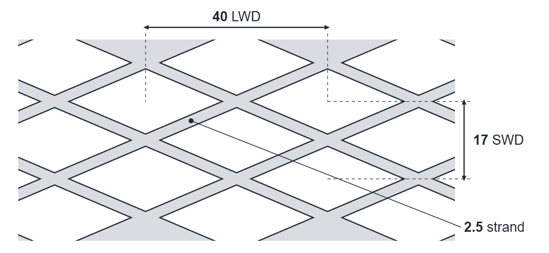 Expanded metal diamond: 40mm LWD, 17mm SWD, 2.5mm strand
