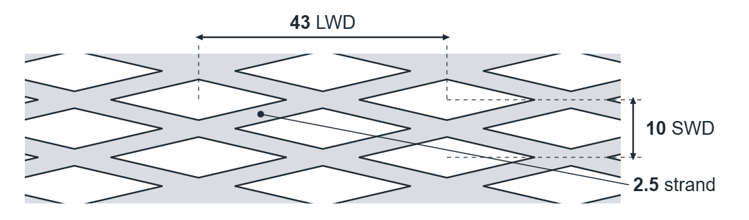 Expanded metal diamond: 43mm LWD, 10mm SWD, 2.5mm strand
