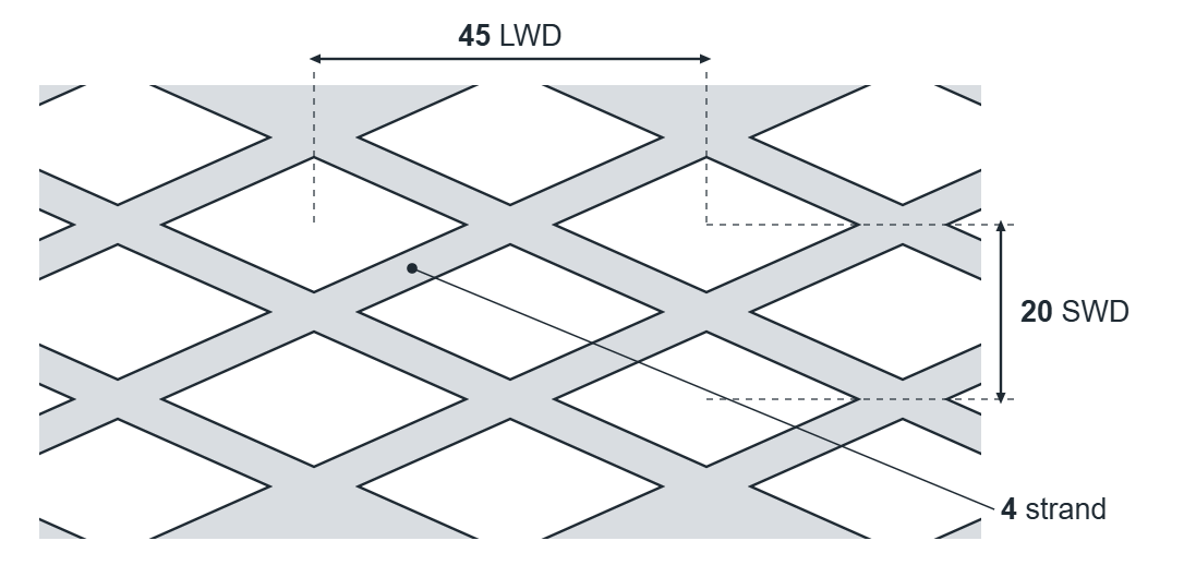 Expanded metal diamond: 45mm LWD, 20mm SWD, 4mm strand