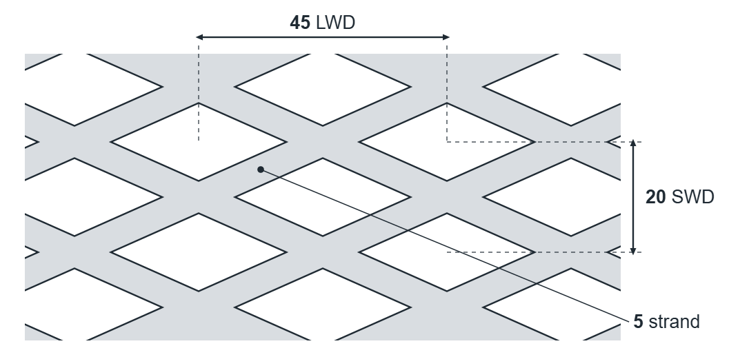Expanded metal diamond: 45mm LWD, 20mm SWD, 5mm strand