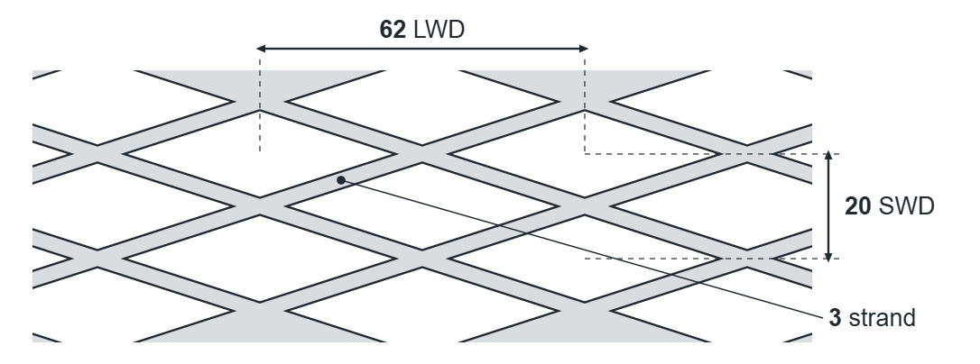 Expanded metal diamond: 62mm LWD, 20mm SWD, 3mm strand