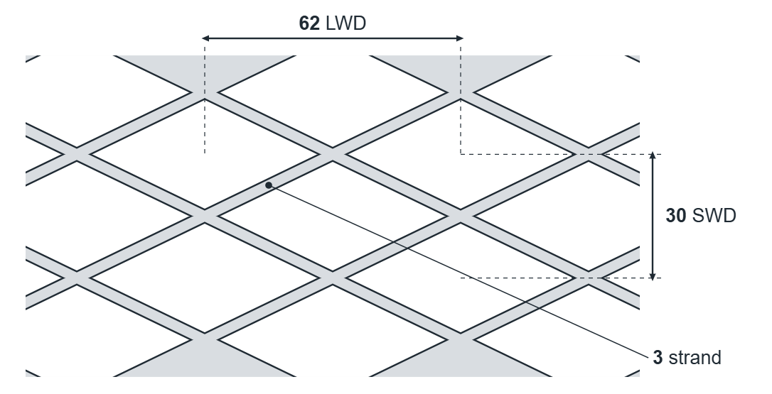Expanded metal diamond: 62mm LWD, 30mm SWD, 3mm strand