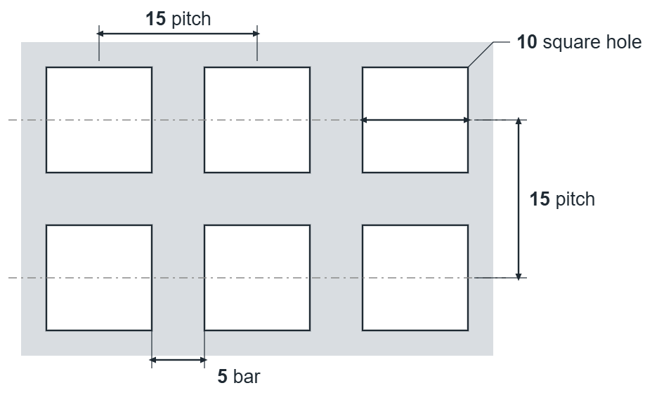 C10 U15 hole layout: 10mm square holes, 15mm in-line pitch, 5mm bar