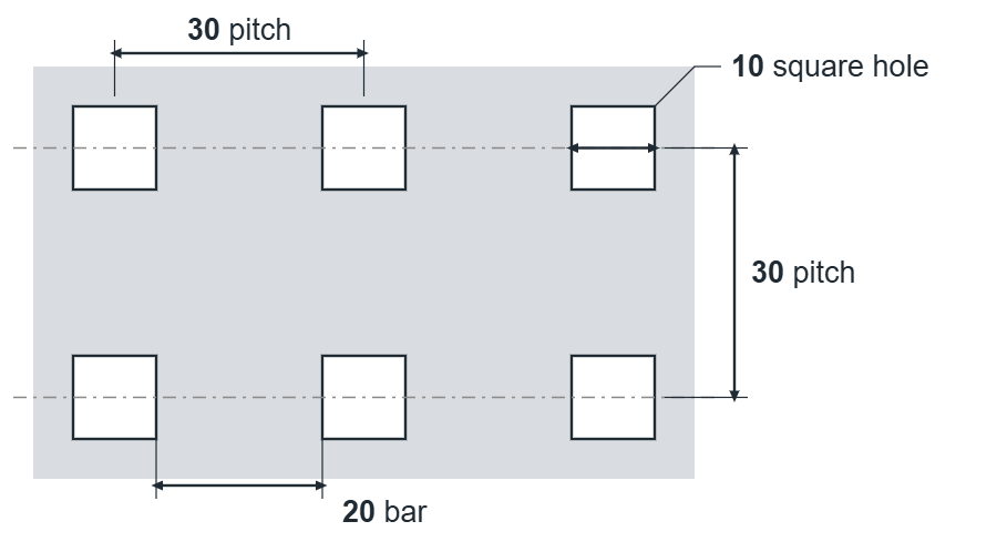 C10 U30 hole layout: 10mm square holes, 30mm in-line pitch, 20mm bar