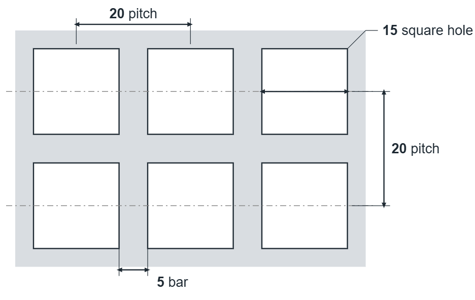 C15 U20 hole layout: 15mm square holes, 20mm in-line pitch, 5mm bar