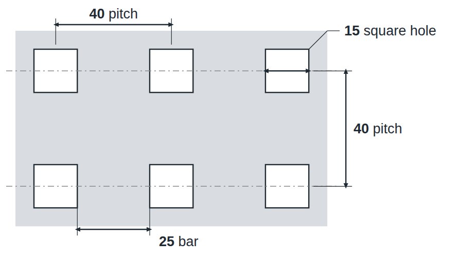 C15 U40 hole layout: 15mm square holes, 40mm in-line pitch, 25mm bar