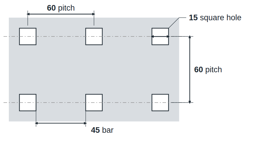 C15 U60 hole layout: 15mm square holes, 60mm in-line pitch, 45mm bar