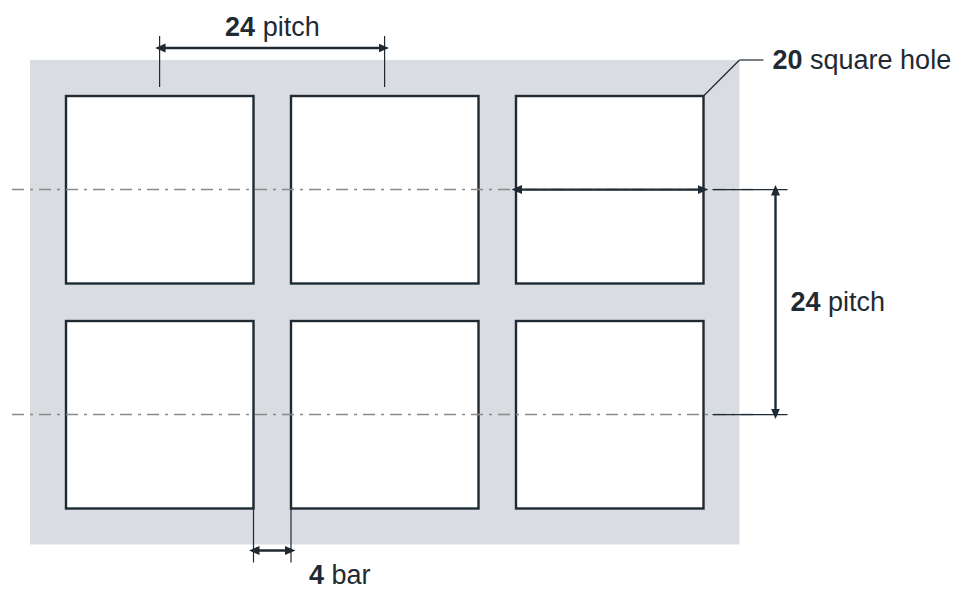 C20 U24 hole layout: 20mm square holes, 24mm in-line pitch, 4mm bar