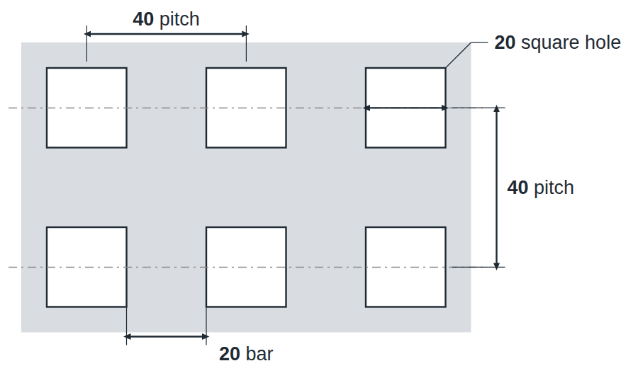 C20 U40 hole layout: 20mm square holes, 40mm in-line pitch, 20mm bar