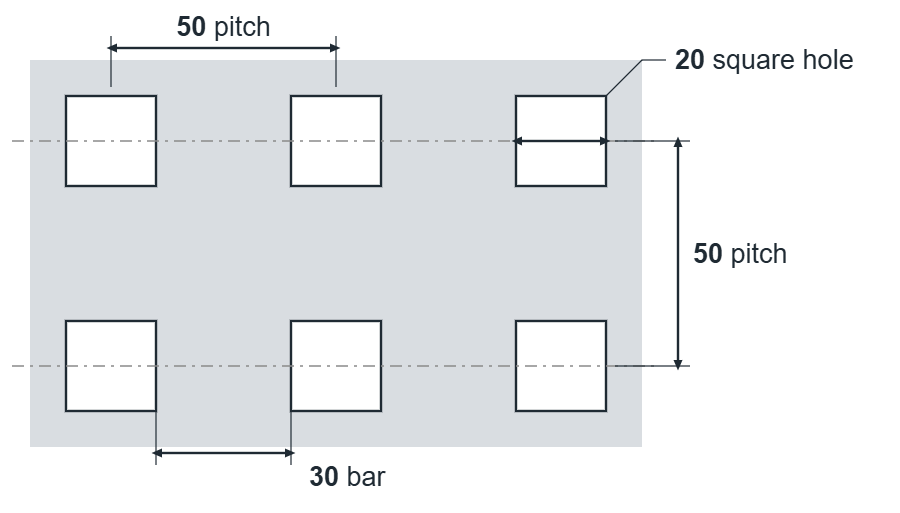C20 U50 hole layout: 20mm square holes, 50mm in-line pitch, 30mm bar