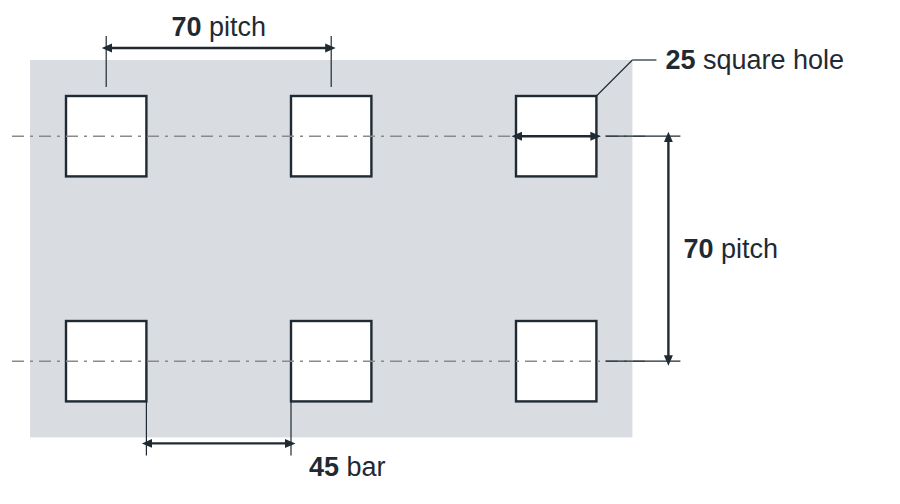 C25 U70 hole layout: 25mm square holes, 70mm in-line pitch, 45mm bar