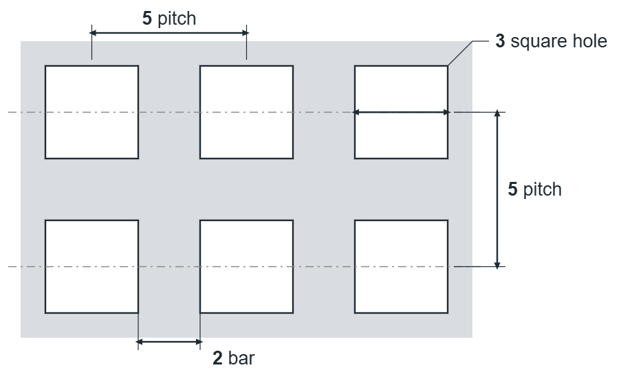 C3 U5 hole layout: 3mm square holes, 5mm in-line pitch, 2mm bar