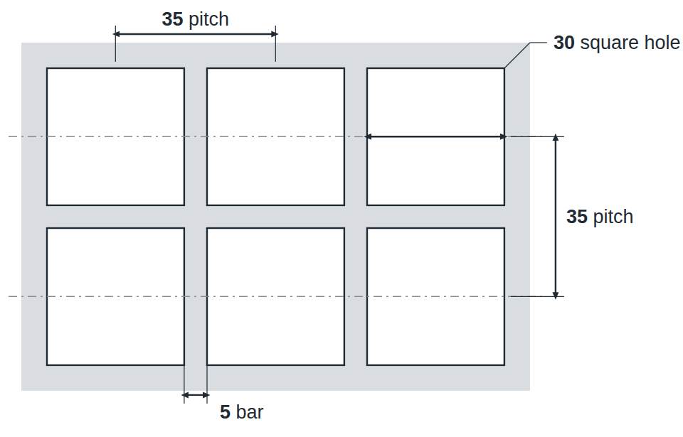 C30 U35 hole layout: 30mm square holes, 35mm in-line pitch, 5mm bar