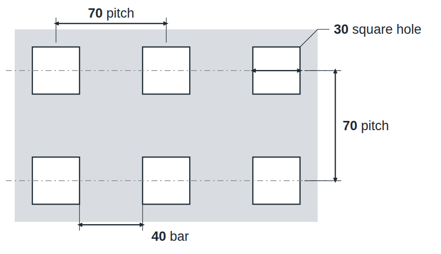 C30 U70 hole layout: 30mm square holes, 70mm in-line pitch, 40mm bar