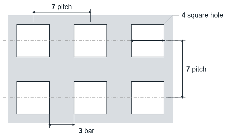 C4 U7 hole layout: 4mm square holes, 7mm in-line pitch, 3mm bar