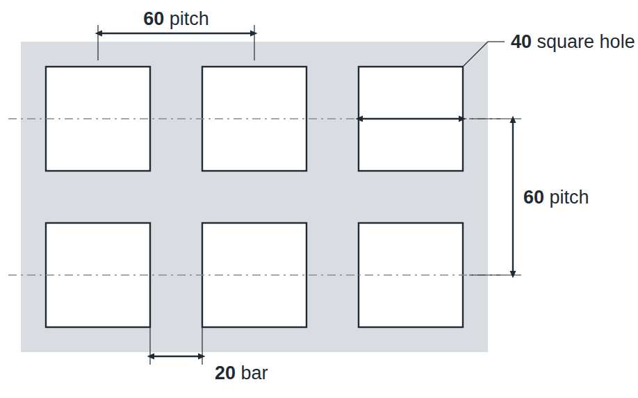 C40 U60 hole layout: 40mm square holes, 60mm in-line pitch, 20mm bar