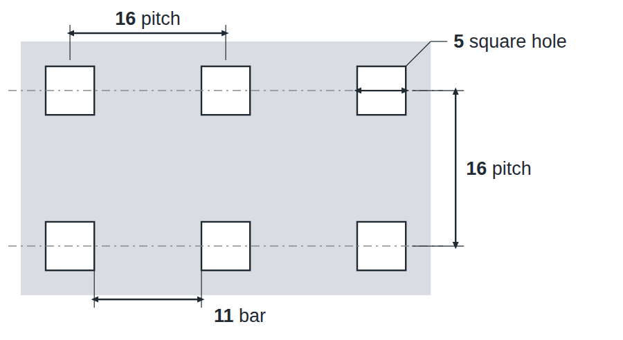 C5 U16 hole layout: 5mm square holes, 16mm in-line pitch, 11mm bar