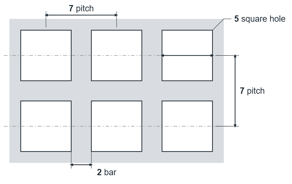 C5 U7 hole layout: 5mm square holes, 7mm in-line pitch, 2mm bar