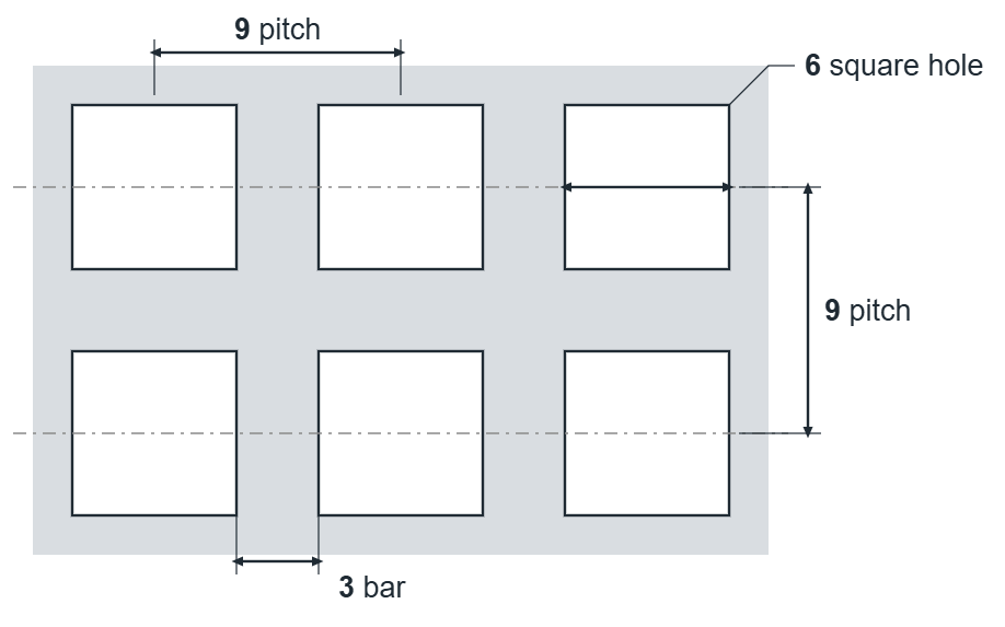 C6 U9 hole layout: 6mm square holes, 9mm in-line pitch, 3mm bar
