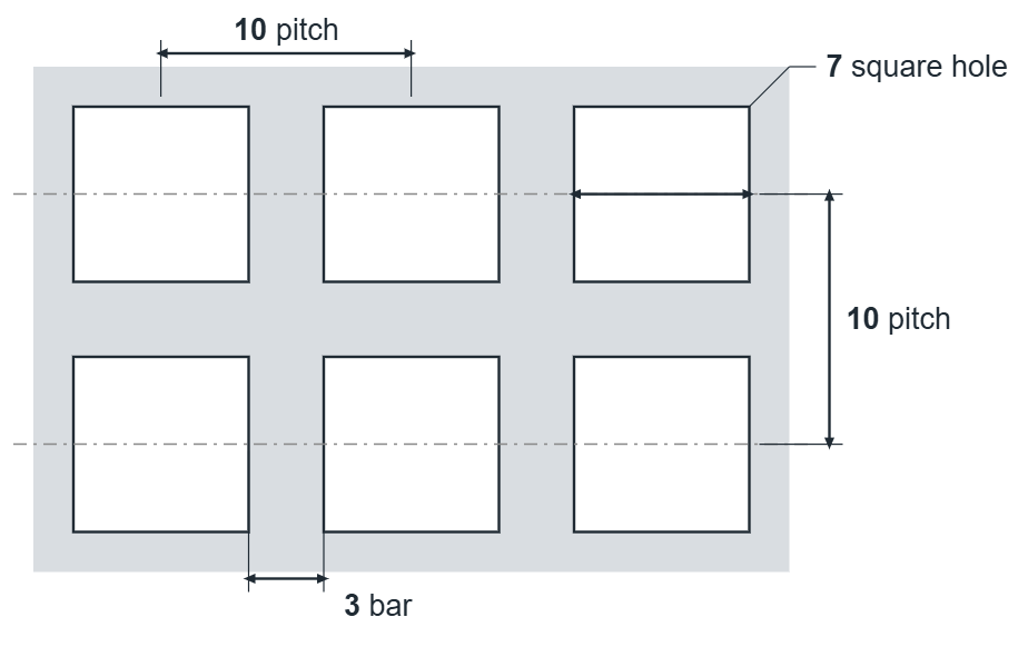C7 U10 hole layout: 7mm square holes, 10mm in-line pitch, 3mm bar