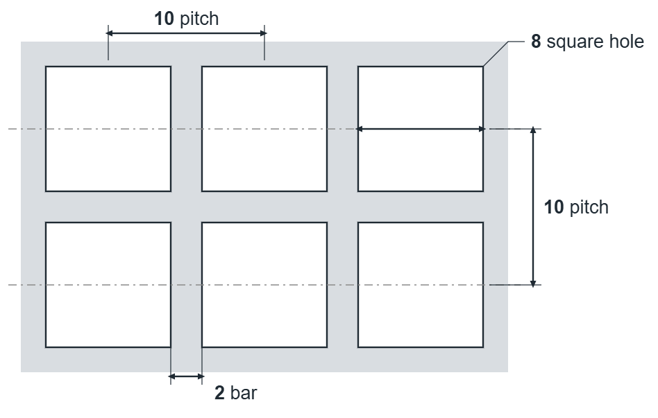 C8 U10 hole layout: 8mm square holes, 10mm in-line pitch, 2mm bar