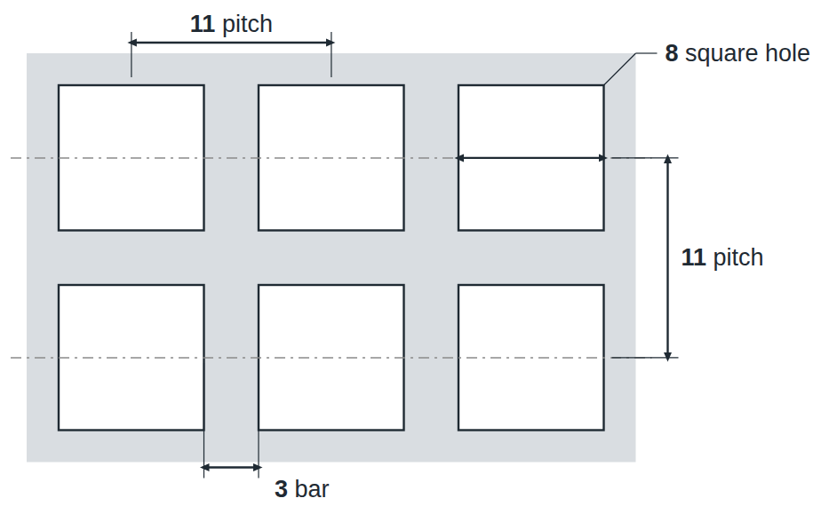 C8 U11 hole layout: 8mm square holes, 11mm in-line pitch, 3mm bar