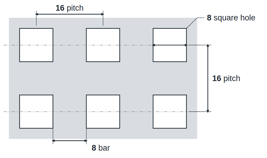 C8 U16 hole layout: 8mm square holes, 16mm in-line pitch, 8mm bar