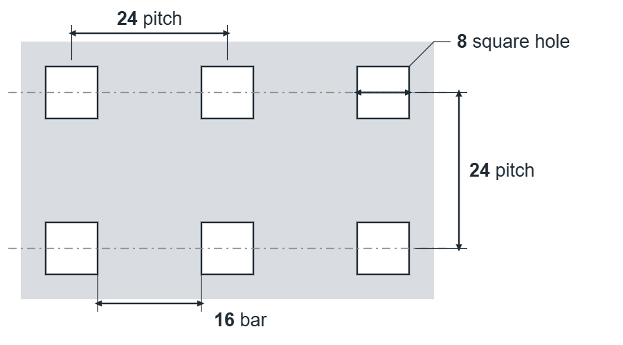 C8 U24 hole layout: 8mm square holes, 24mm in-line pitch, 16mm bar