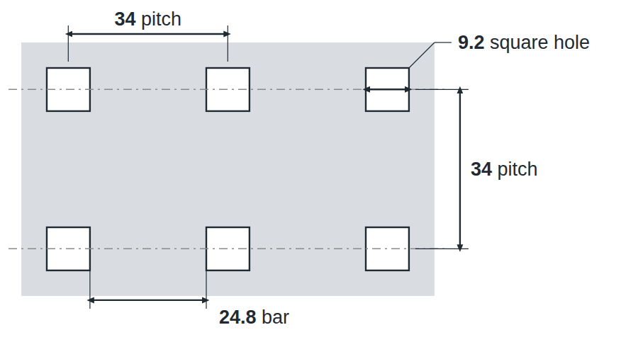 C9.2 U34 hole layout: 9.2mm square holes, 34mm in-line pitch, 24.8mm bar