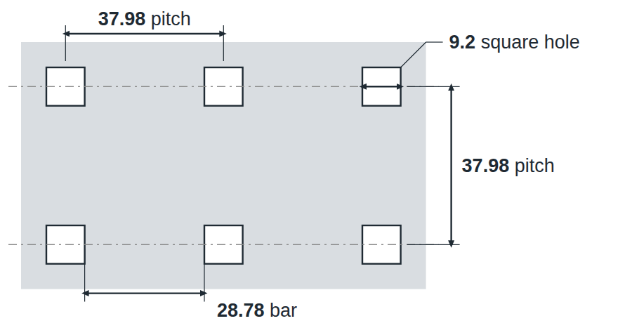 C9.2 U37.98 hole layout: 9.2mm square holes, 37.98mm in-line pitch, 28.78mm bar