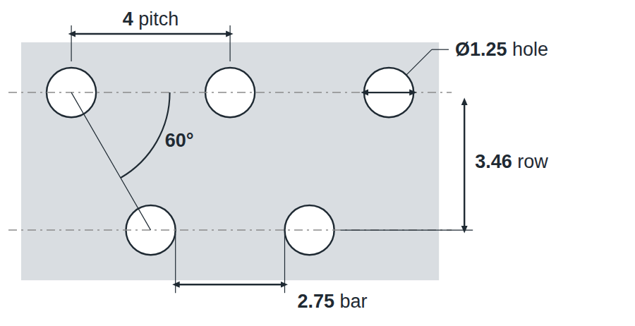 R1.25 T4 hole layout: 1.25mm round holes, 4mm staggered pitch, 2.75mm bar, 3.46mm row spacing