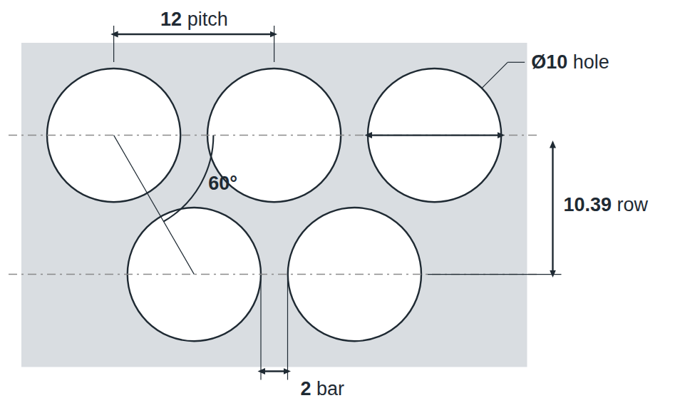 R10 T12 hole layout: 10mm round holes, 12mm staggered pitch, 2mm bar, 10.39mm row spacing