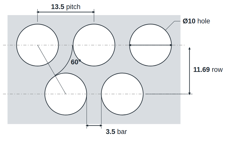 R10 T13.5 hole layout: 10mm round holes, 13.5mm staggered pitch, 3.5mm bar, 11.69mm row spacing
