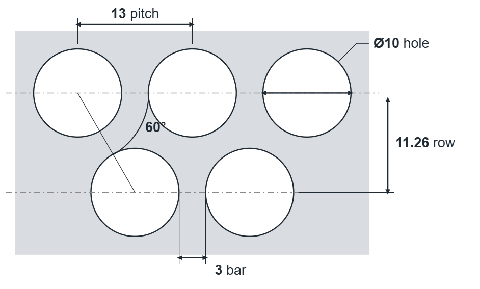 R10 T13 hole layout: 10mm round holes, 13mm staggered pitch, 3mm bar, 11.26mm row spacing