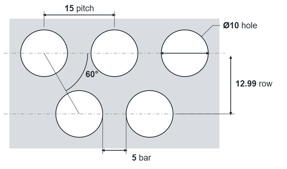 R10 T15 hole layout: 10mm round holes, 15mm staggered pitch, 5mm bar, 12.99mm row spacing