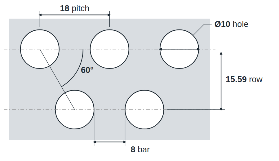 R10 T18 hole layout: 10mm round holes, 18mm staggered pitch, 8mm bar, 15.59mm row spacing