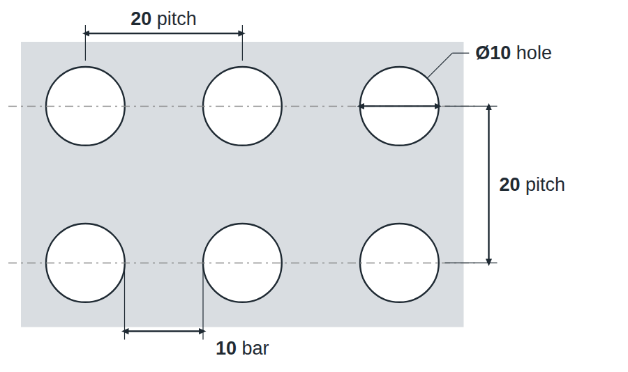 R10 U20 hole layout: 10mm round holes, 20mm square pitch, 10mm bar