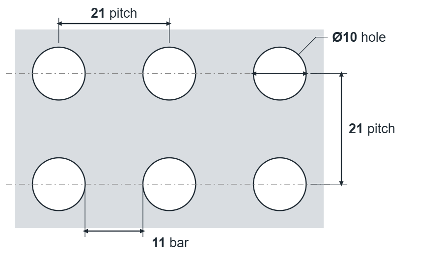 R10 U21 hole layout: 10mm round holes, 21mm square pitch, 11mm bar