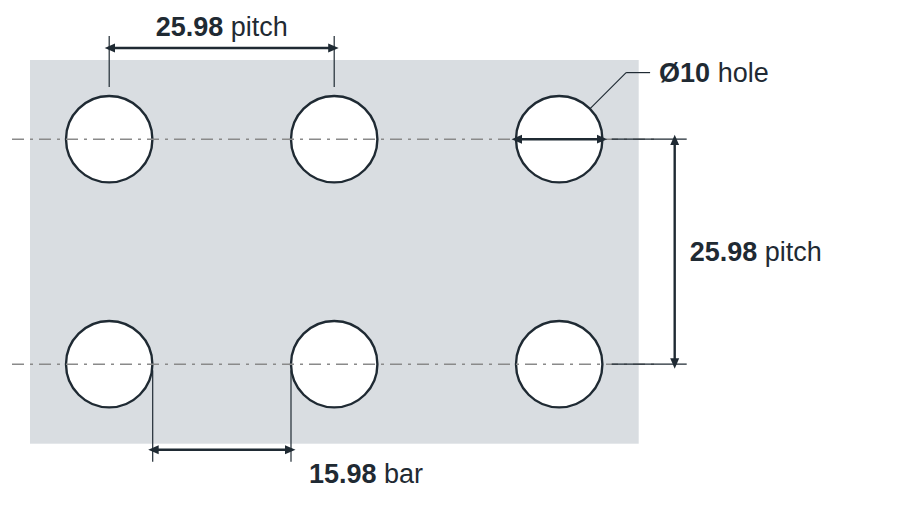 R10 U25.98 hole layout: 10mm round holes, 25.98mm square pitch, 15.98mm bar