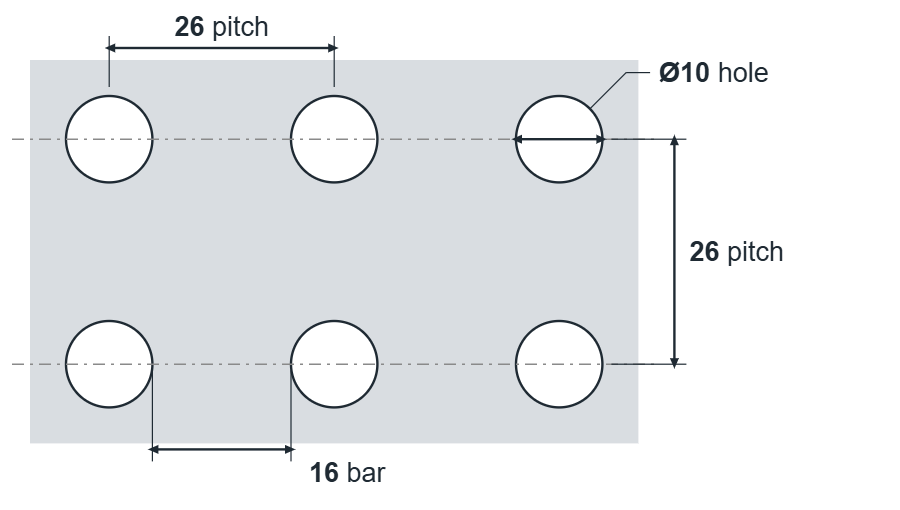 R10 U26 hole layout: 10mm round holes, 26mm square pitch, 16mm bar