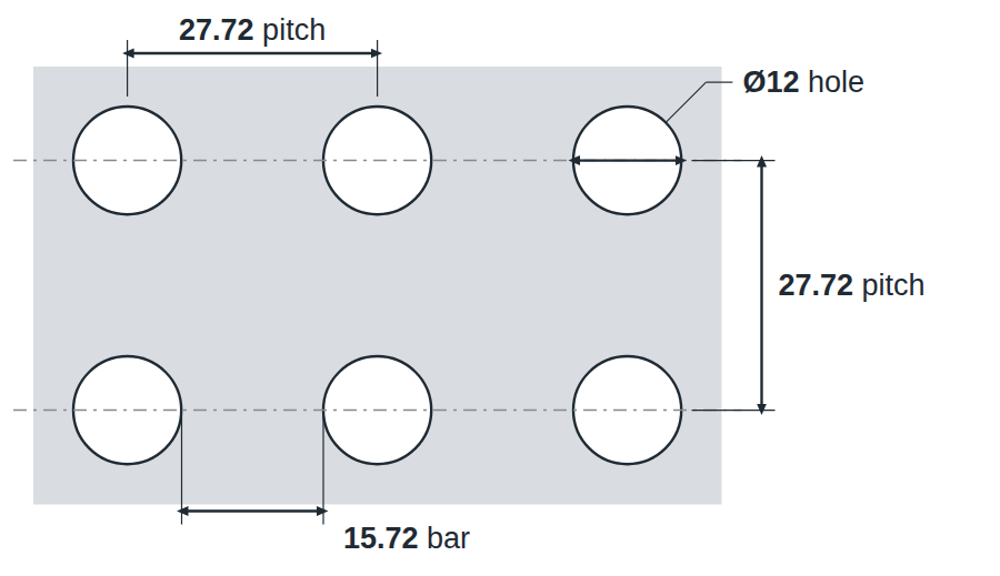 R12 U27.72 hole layout: 12mm round holes, 27.72mm square pitch, 15.72mm bar