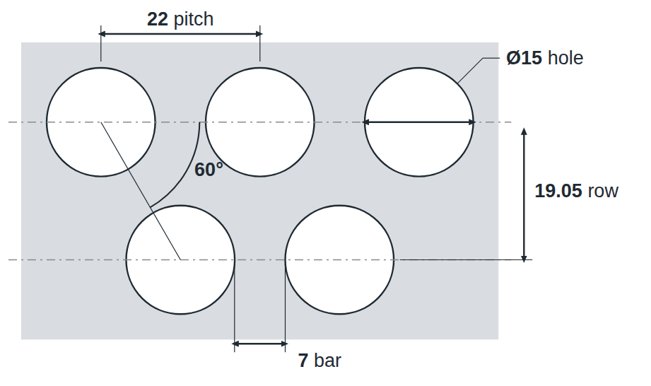R15 T22 hole layout: 15mm round holes, 22mm staggered pitch, 7mm bar, 19.05mm row spacing