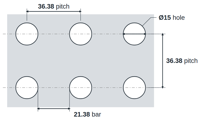 R15 U36.38 hole layout: 15mm round holes, 36.38mm square pitch, 21.38mm bar