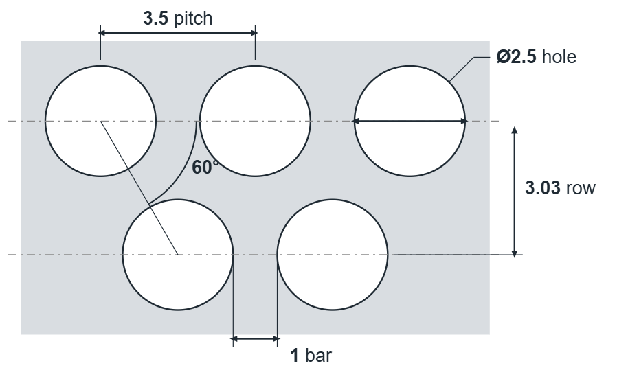 R2.5 T3.5 hole layout: 2.5mm round holes, 3.5mm staggered pitch, 1mm bar, 3.03mm row spacing