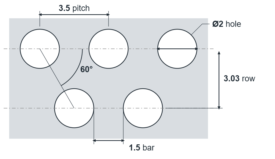 R2 T3.5 hole layout: 2mm round holes, 3.5mm staggered pitch, 1.5mm bar, 3.03mm row spacing