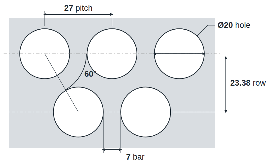 R20 T27 hole layout: 20mm round holes, 27mm staggered pitch, 7mm bar, 23.38mm row spacing