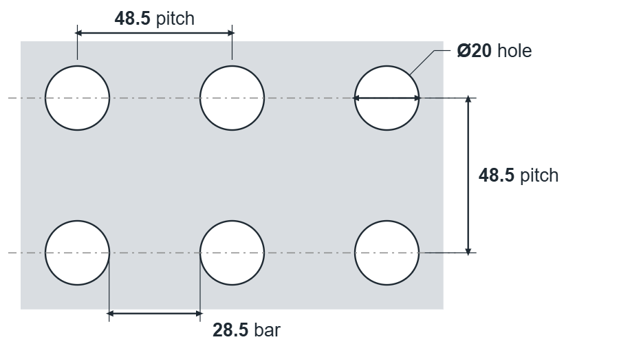 R20 U48.5 hole layout: 20mm round holes, 48.5mm square pitch, 28.5mm bar