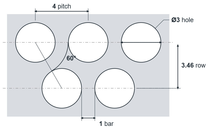 R3 T4 hole layout: 3mm round holes, 4mm staggered pitch, 1mm bar, 3.46mm row spacing